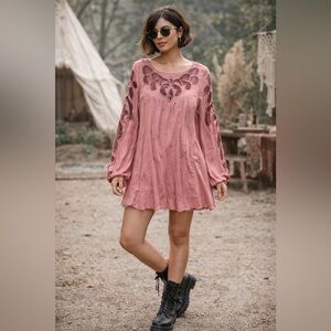 ReMixed Free People Upcycled Bohemian Balloon Sleeve Mini Dress In Rust | Size S